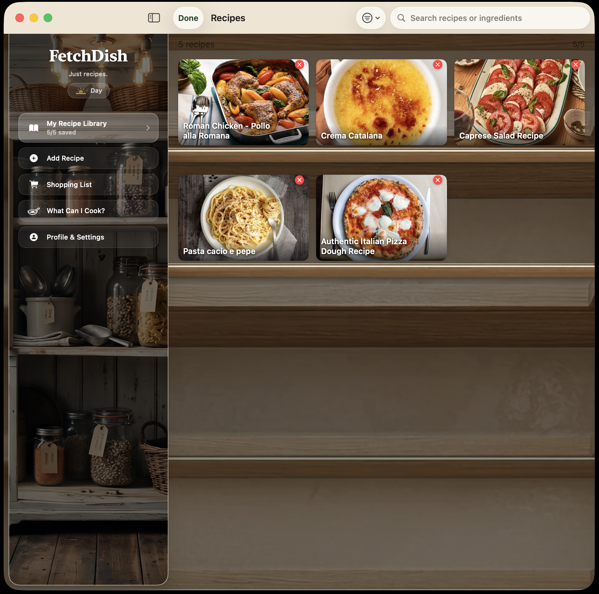 FetchDish recipe library, The Pantry — a grid of saved recipe cards