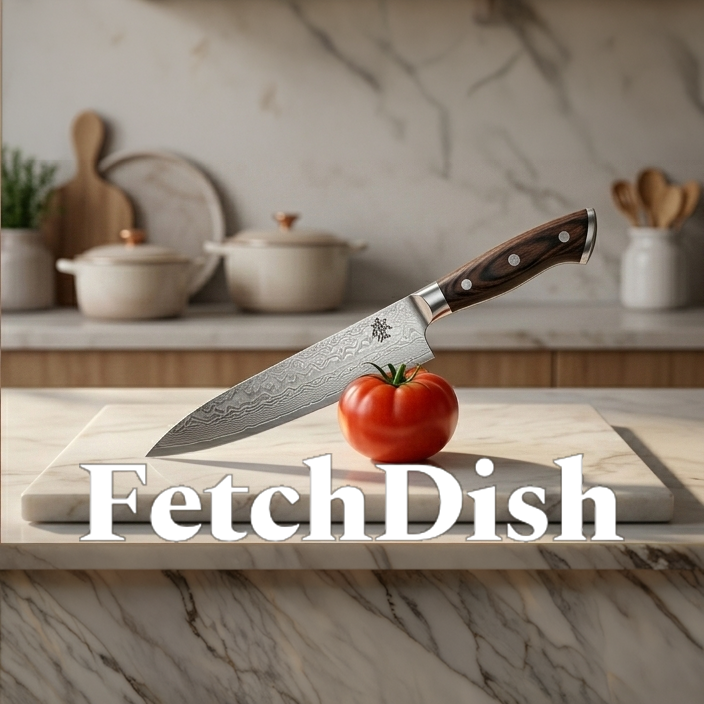 FetchDish logo — a chef's knife and a tomato on a marble board