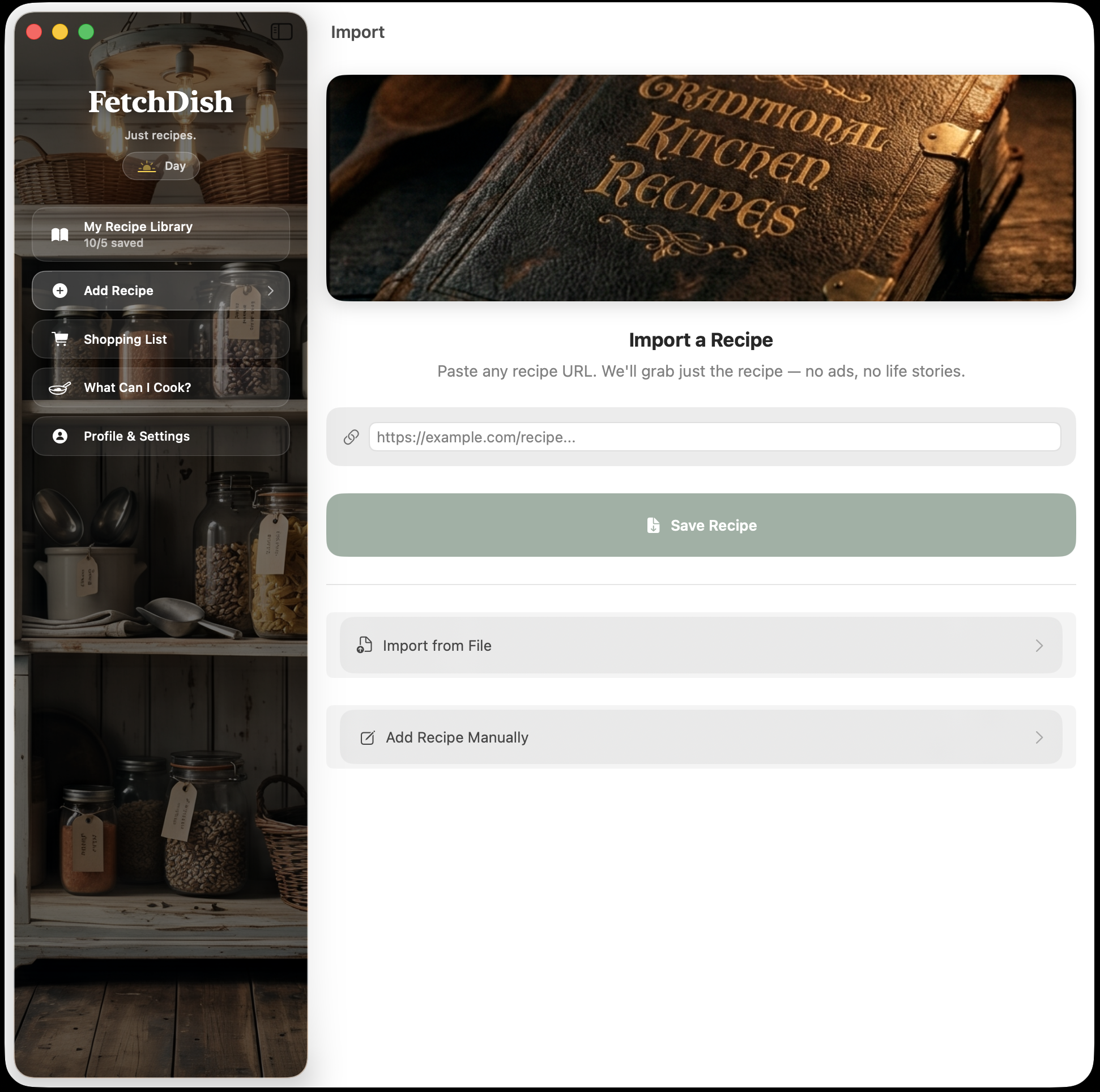 FetchDish import screen — paste a URL to extract a recipe
