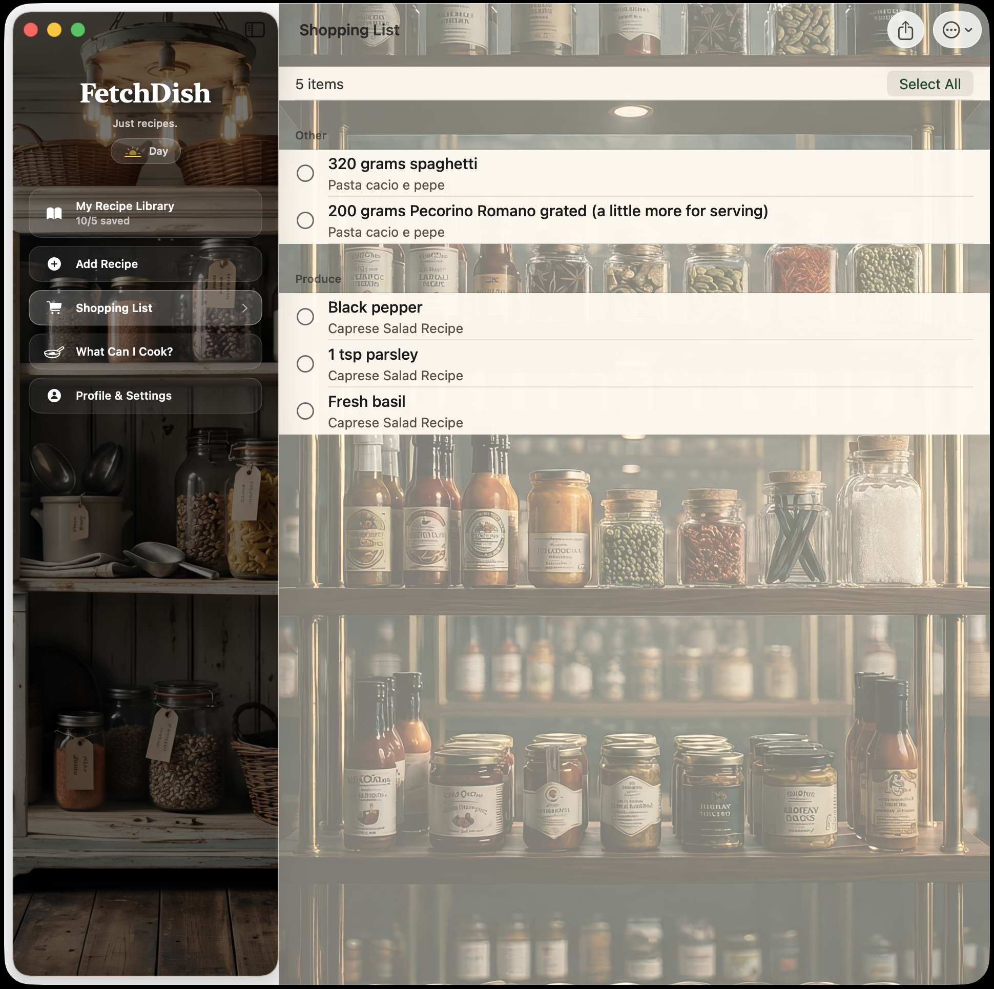 FetchDish shopping list — ingredients grouped by aisle with checkboxes