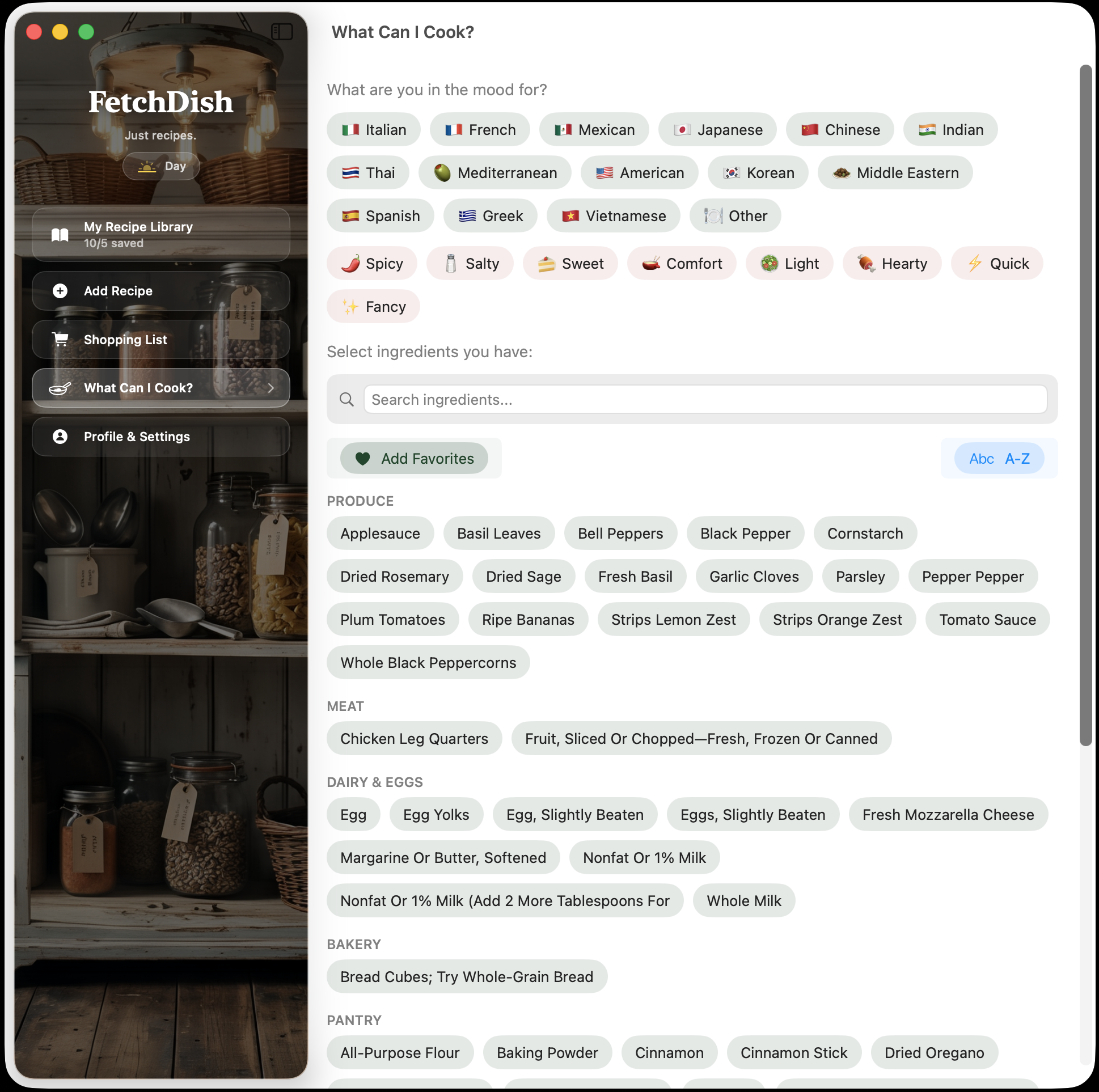 FetchDish What Can I Cook screen — pick a cuisine, mood and ingredients you have
